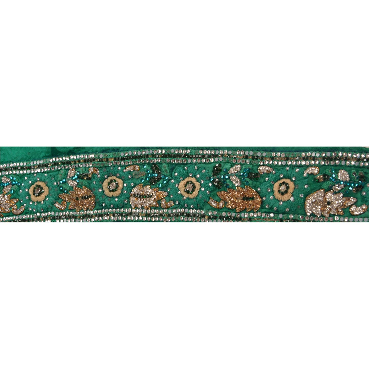 Sanskriti Vintage Sari Border Hand Beaded 1 Yd Trim Sewing Green Zircon Lace