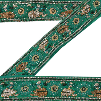 Sanskriti Vintage Sari Border Hand Beaded 1 Yd Trim Sewing Green Zircon Lace