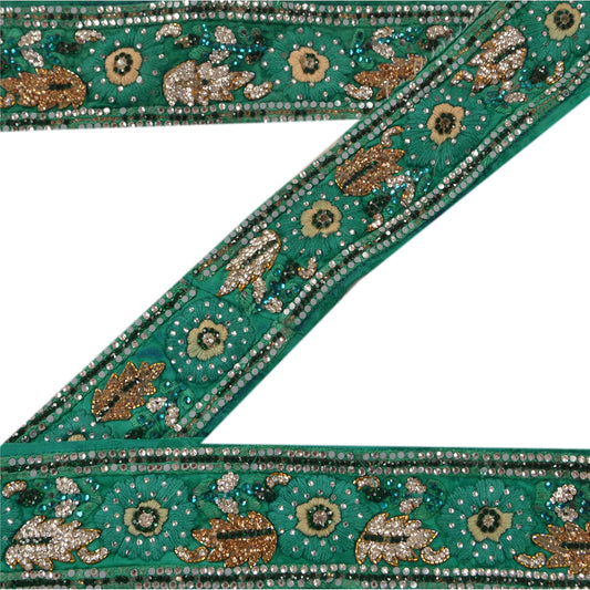 Sanskriti Vintage Sari Border Hand Beaded 1 Yd Trim Sewing Green Zircon Lace