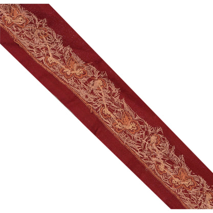 Sanskriti Vintage Sari Border Hand Embroidered 1 YD Trim Ribbon Dark Red Lace 1W