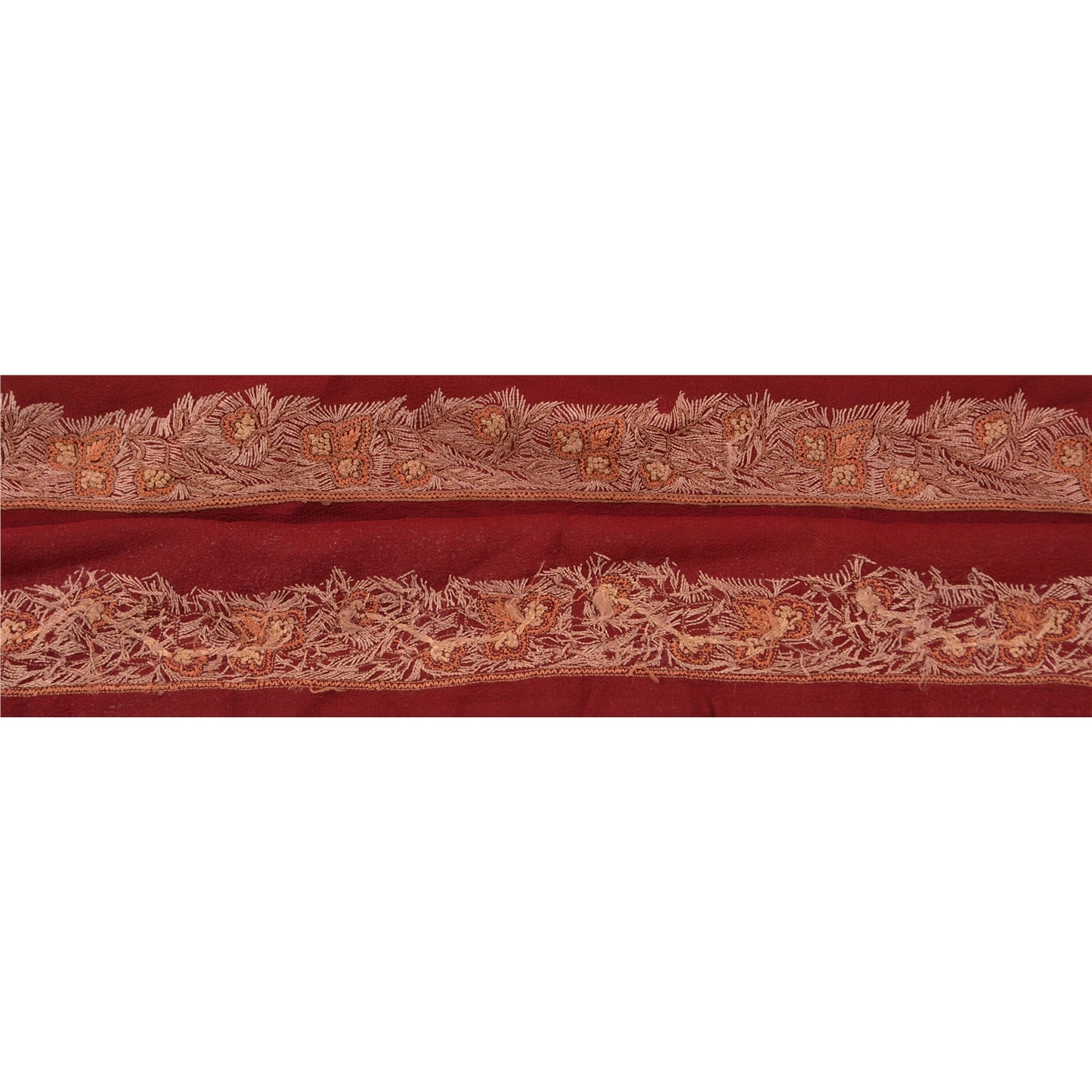 Sanskriti Vintage Sari Border Hand Embroidered 1 YD Trim Ribbon Dark Red Lace 1W