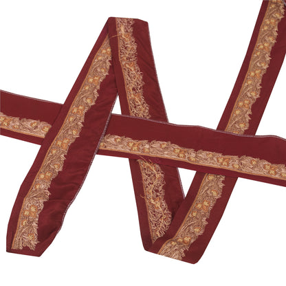 Sanskriti Vintage Sari Border Hand Embroidered 1 YD Trim Ribbon Dark Red Lace 1W
