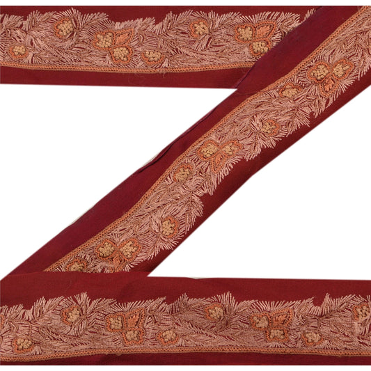 Sanskriti Vintage Sari Border Hand Embroidered 1 YD Trim Ribbon Dark Red Lace 1W