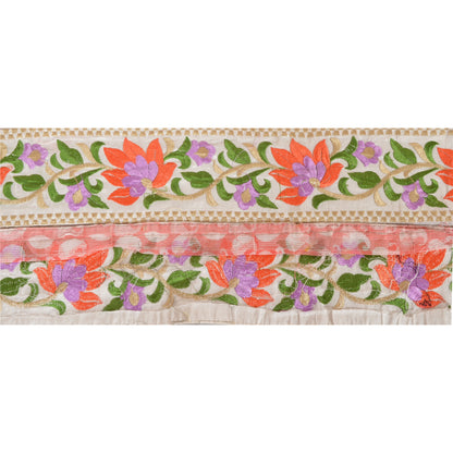 SANSKRITI VINTAGE Border Hand Embroidered 1 Yard Trim Sewing White Craft Lace