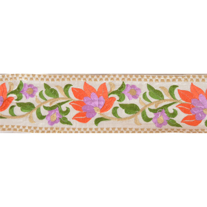 SANSKRITI VINTAGE Border Hand Embroidered 1 Yard Trim Sewing White Craft Lace