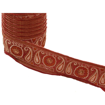 Sanskriti Vintage Sari Border Hand Embroided 1Yd Trim Sewing Dark Red Craft Lace