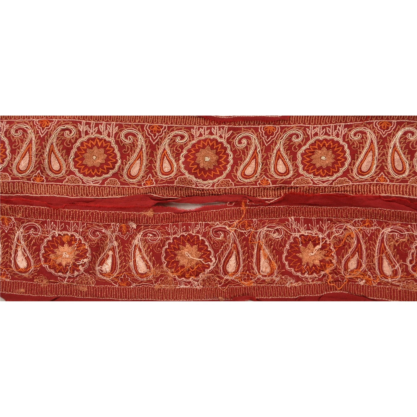 Sanskriti Vintage Sari Border Hand Embroided 1Yd Trim Sewing Dark Red Craft Lace