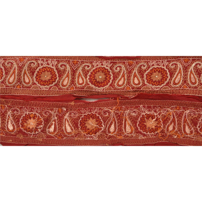 Sanskriti Vintage Sari Border Hand Embroided 1Yd Trim Sewing Dark Red Craft Lace