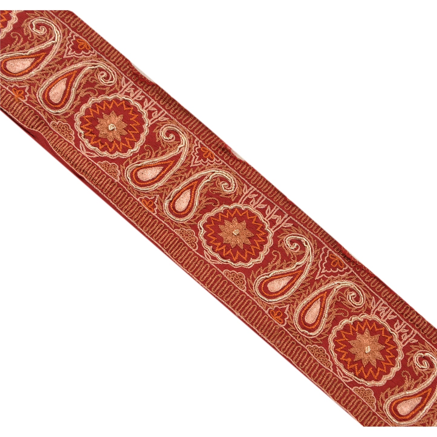 Sanskriti Vintage Sari Border Hand Embroided 1Yd Trim Sewing Dark Red Craft Lace