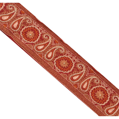 Sanskriti Vintage Sari Border Hand Embroided 1Yd Trim Sewing Dark Red Craft Lace