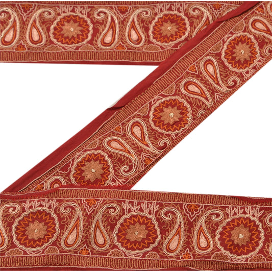 Sanskriti Vintage Sari Border Hand Embroided 1Yd Trim Sewing Dark Red Craft Lace