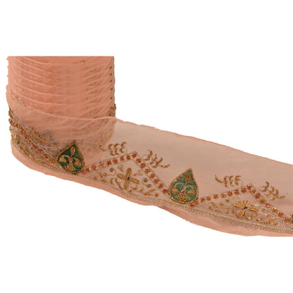 SANSKRITI VINTAGE Border Hand Beaded 1 YD Indian Trim Sewing Peach Zari Lace