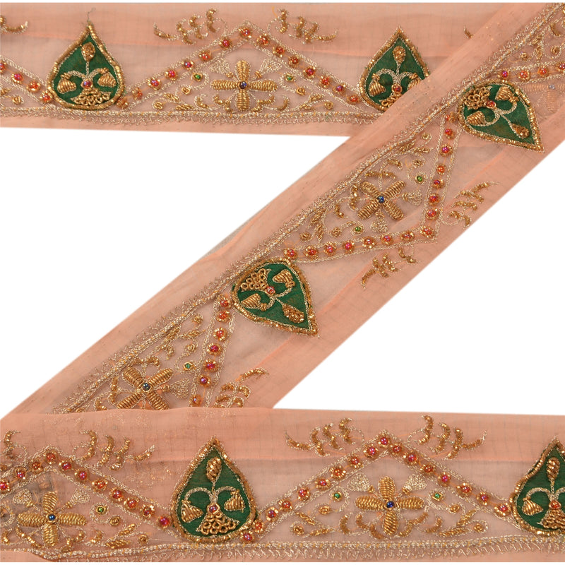 Sanskriti Vintage Hand Beaded Sari Border: Peach Chiffon Silk Zari Lace, Indian Trim