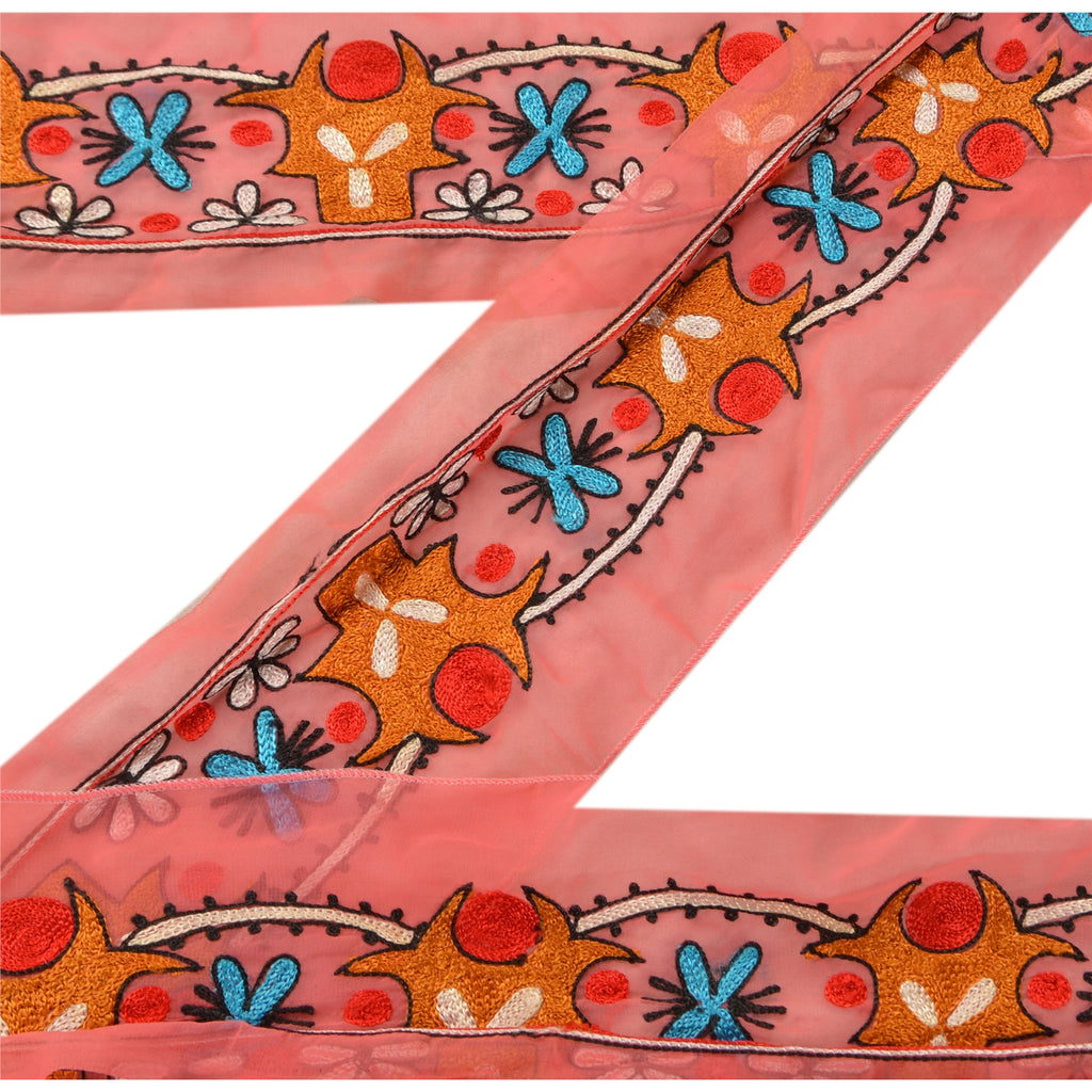 Sanskriti Vintage Border Antique Hand Embroidery 1YD Trim Sewing Pink Craft Lace