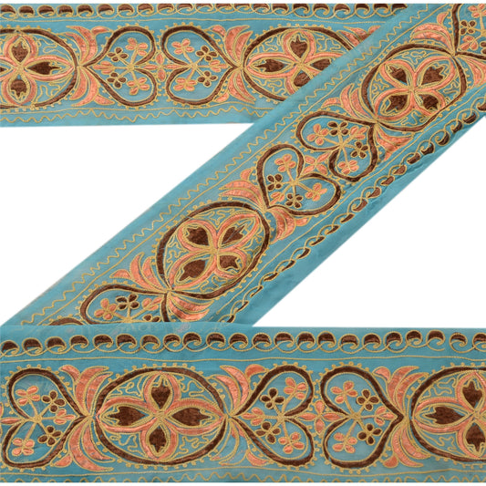 Sanskriti Vintage Sari Border Hand Embroidered 1 Yd Trim Sewing Blue Craft Lace