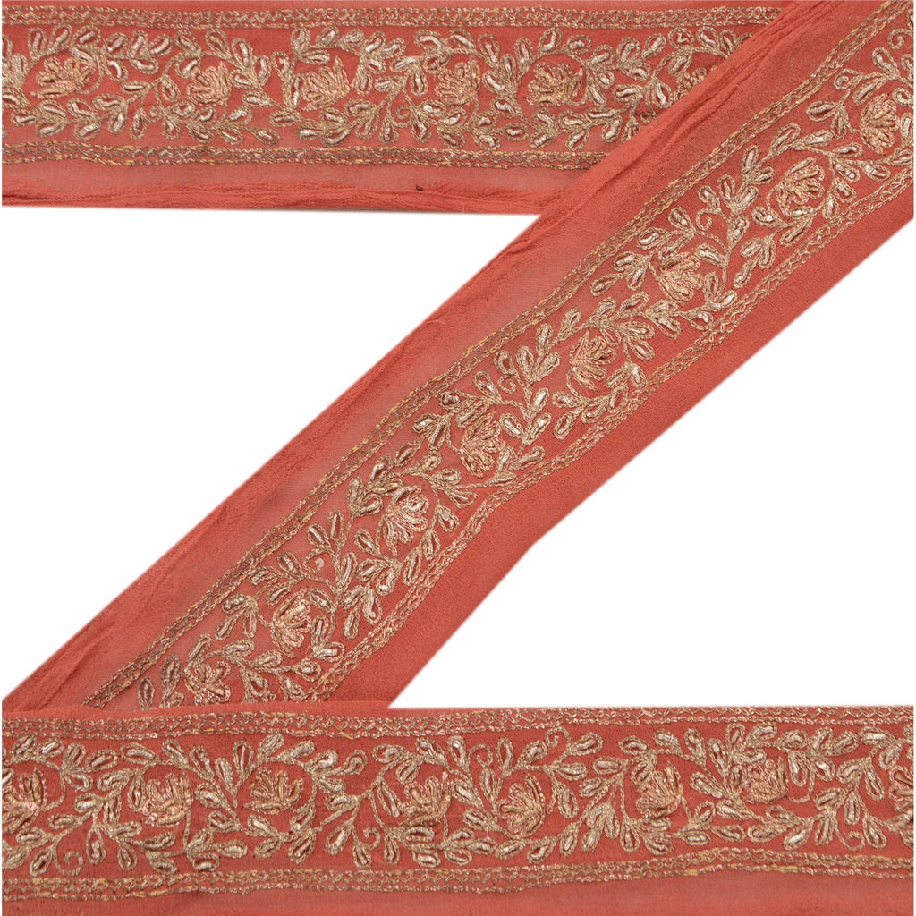 Sanskriti Vintage Sari Border Hand Embroidered 1 Yd Trim Sewing Peach Craft Lace