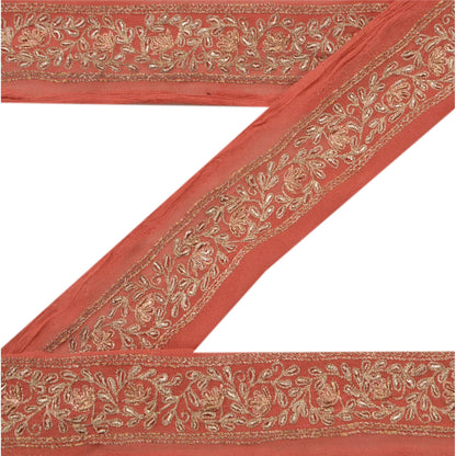 Sanskriti Vintage Sari Border Hand Embroidered 1 Yd Trim Sewing Peach Craft Lace