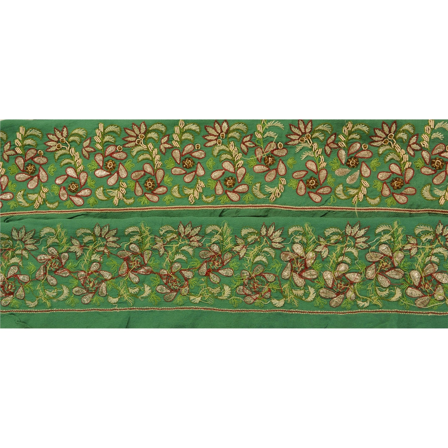 Sanskriti Vintage Sari Border Hand Beaded 1Yd Indian Trim Sewing Green Zari Lace