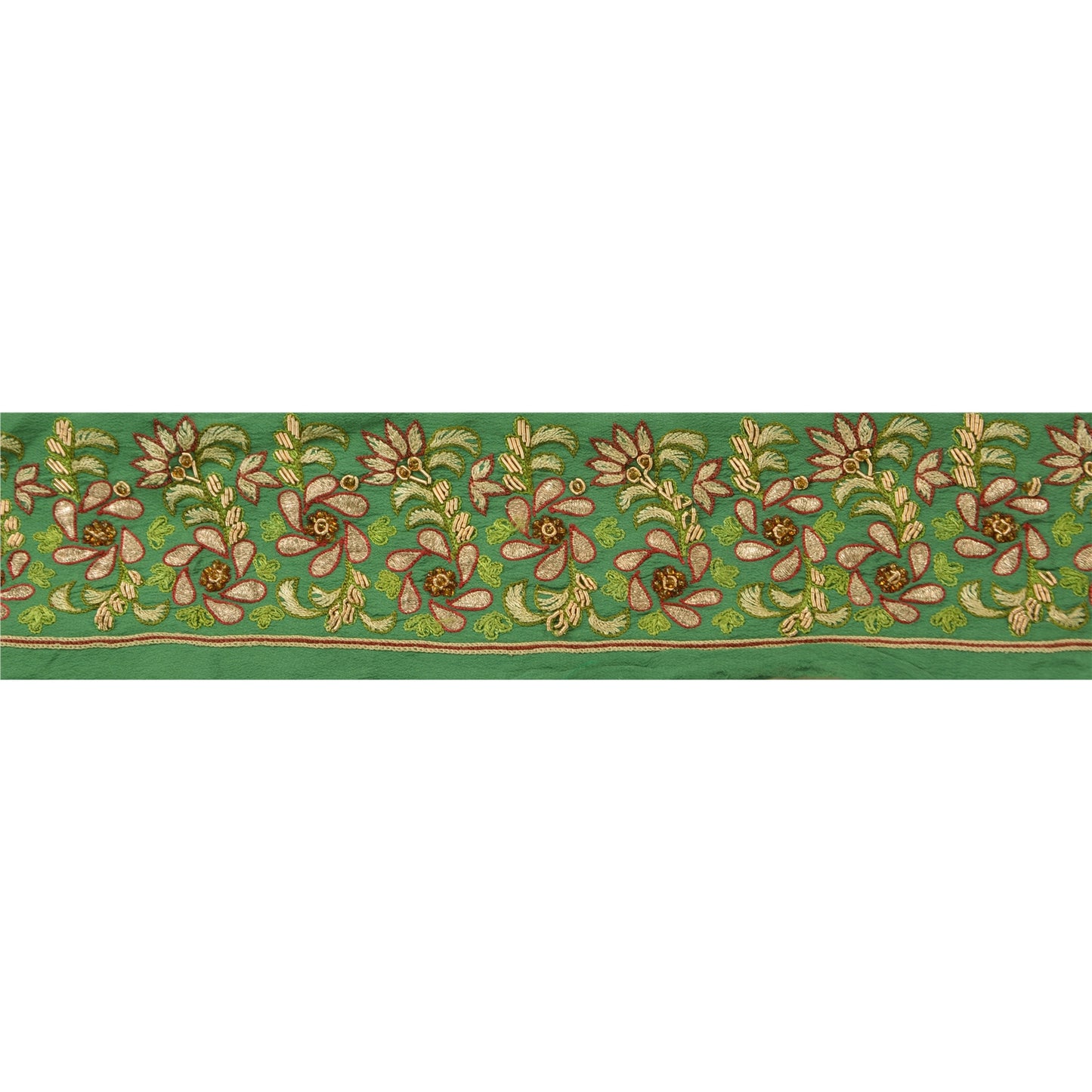 Sanskriti Vintage Sari Border Hand Beaded 1Yd Indian Trim Sewing Green Zari Lace