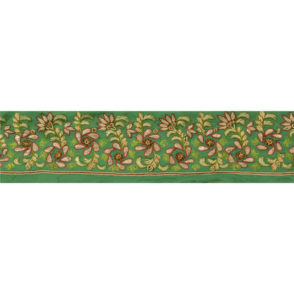 Sanskriti Vintage Sari Border Hand Beaded 1Yd Indian Trim Sewing Green Zari Lace