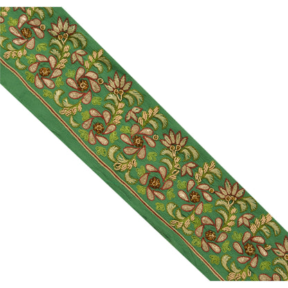 Sanskriti Vintage Sari Border Hand Beaded 1Yd Indian Trim Sewing Green Zari Lace
