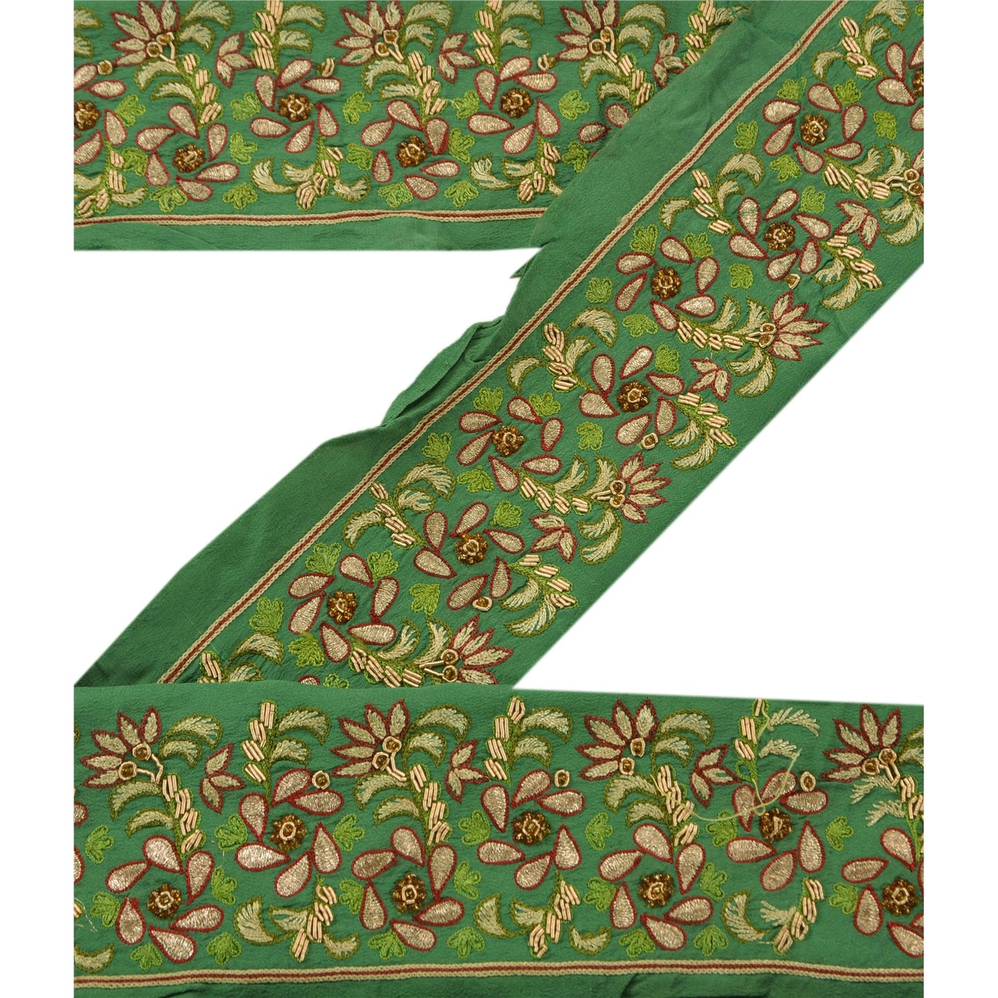 Sanskriti Vintage Sari Border Hand Beaded 1Yd Indian Trim Sewing Green Zari Lace