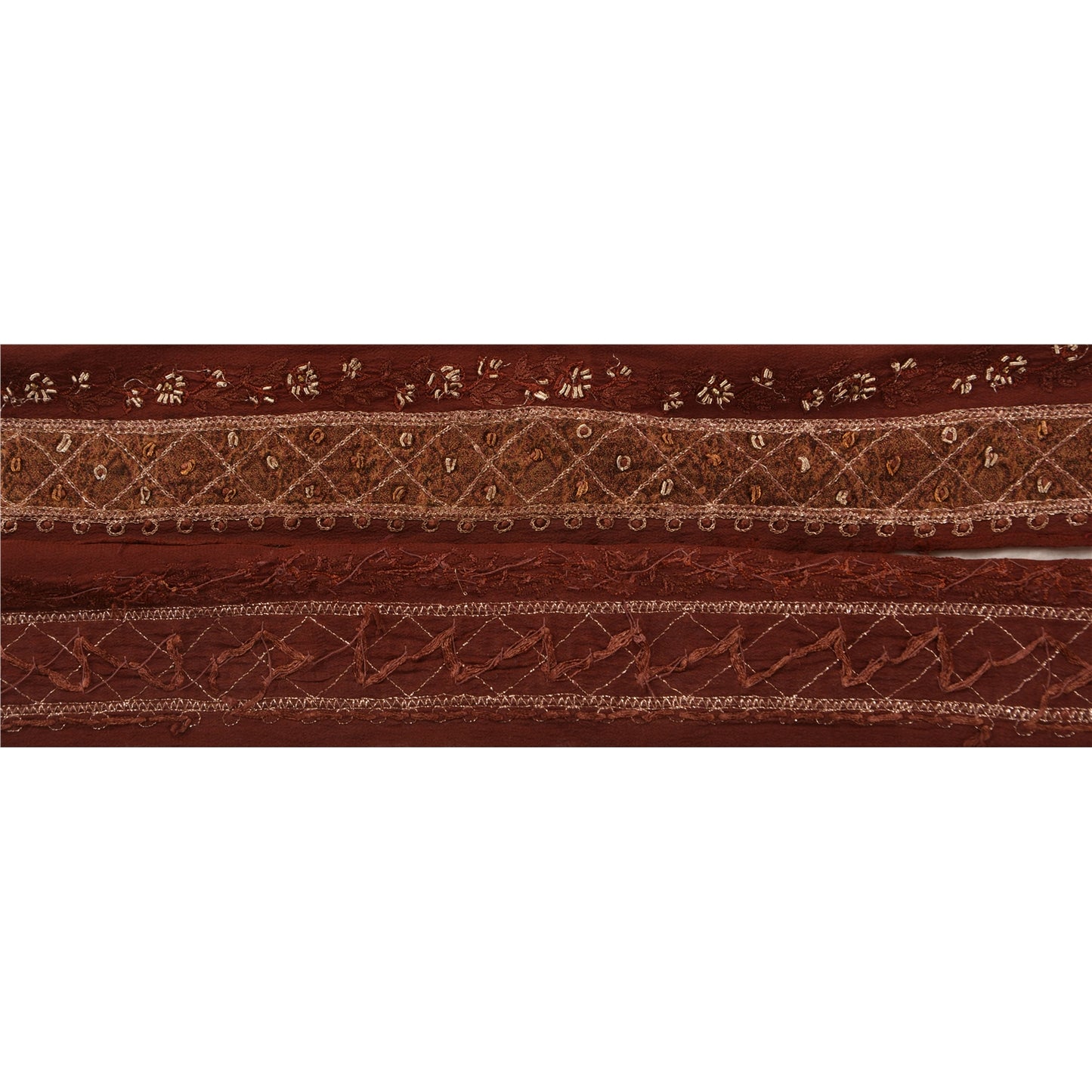 Sanskriti Vintage Sari Border Hand Embroidered 1Yd Indian Trim Ribbon Brown Lace