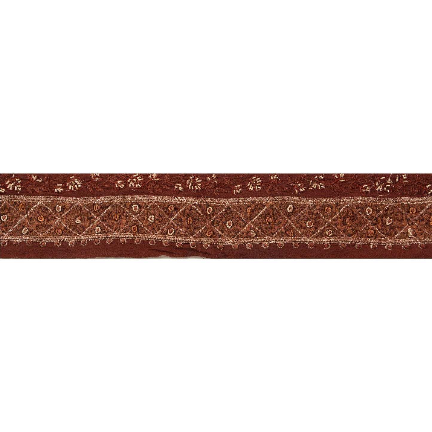 Sanskriti Vintage Sari Border Hand Embroidered 1Yd Indian Trim Ribbon Brown Lace