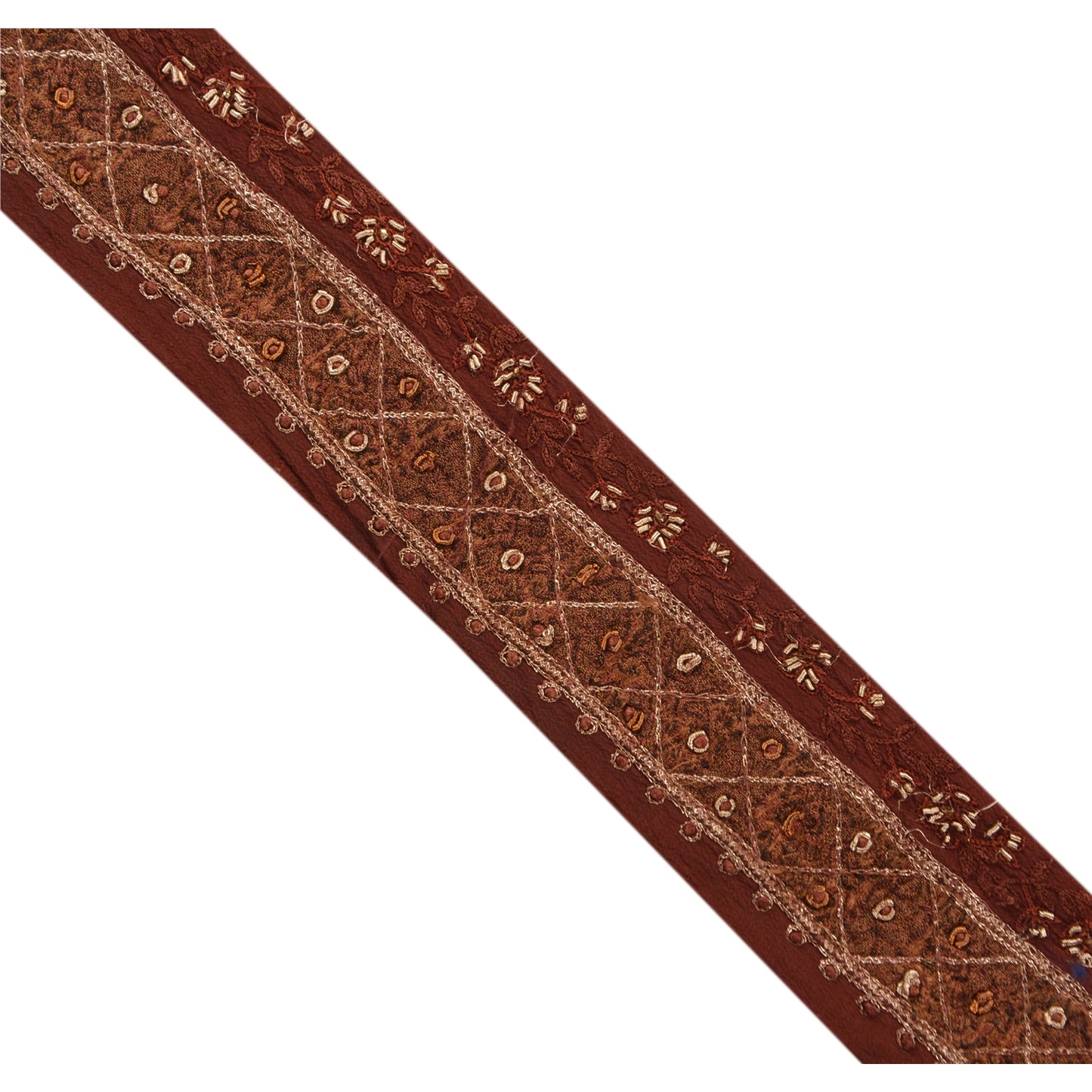 Sanskriti Vintage Sari Border Hand Embroidered 1Yd Indian Trim Ribbon Brown Lace