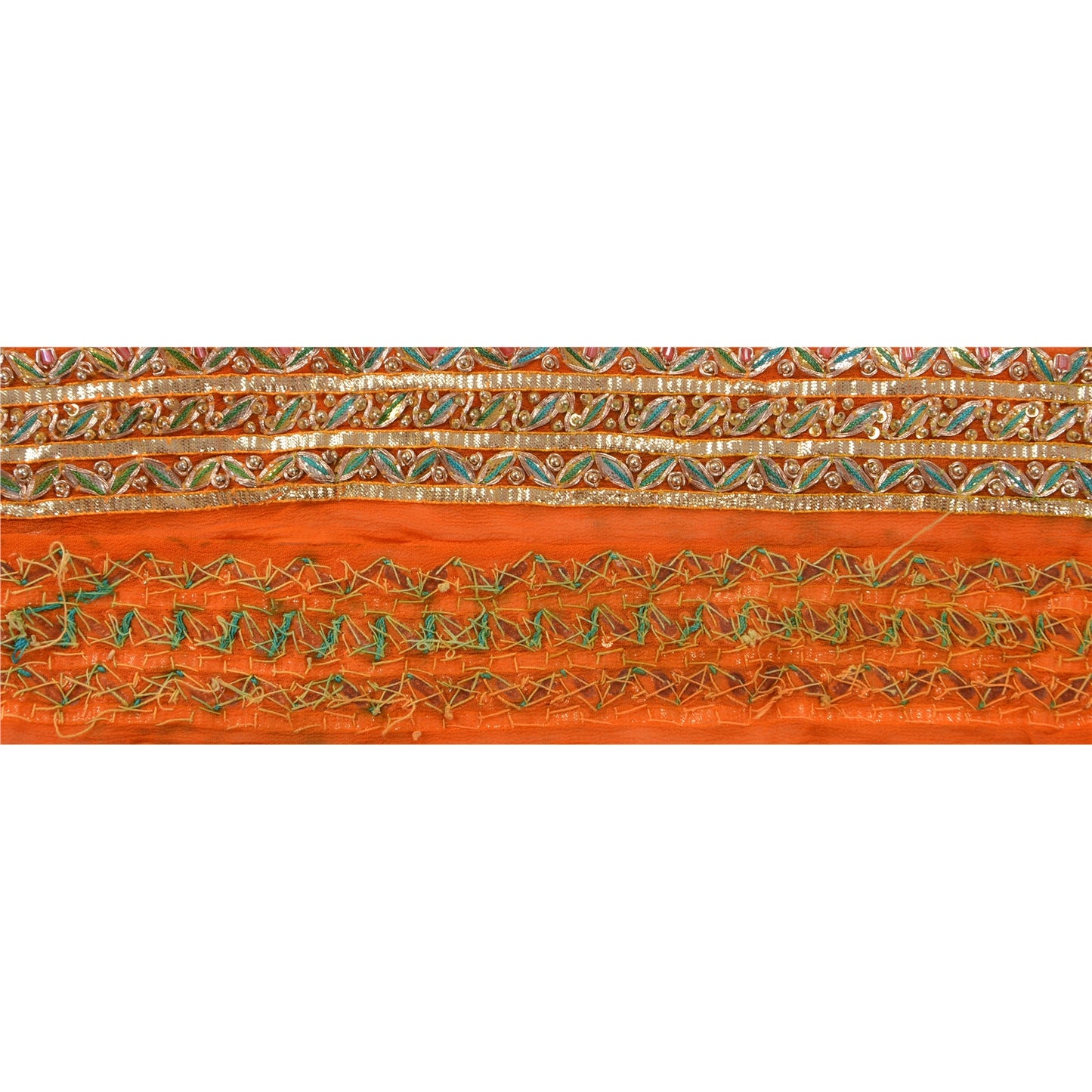Sanskriti Vintage Sari Border Hand Beaded 1 Yd Indian Trim Ribbon Orange Lace