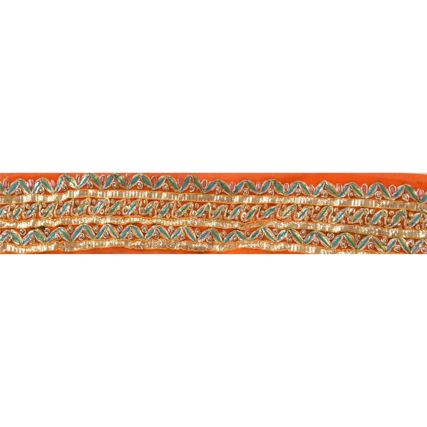 Sanskriti Vintage Sari Border Hand Beaded 1 Yd Indian Trim Ribbon Orange Lace