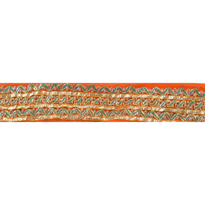 Sanskriti Vintage Sari Border Hand Beaded 1 Yd Indian Trim Ribbon Orange Lace