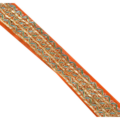 Sanskriti Vintage Sari Border Hand Beaded 1 Yd Indian Trim Ribbon Orange Lace