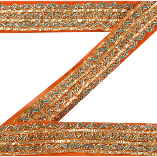 Sanskriti Vintage Sari Border Hand Beaded 1 Yd Indian Trim Ribbon Orange Lace