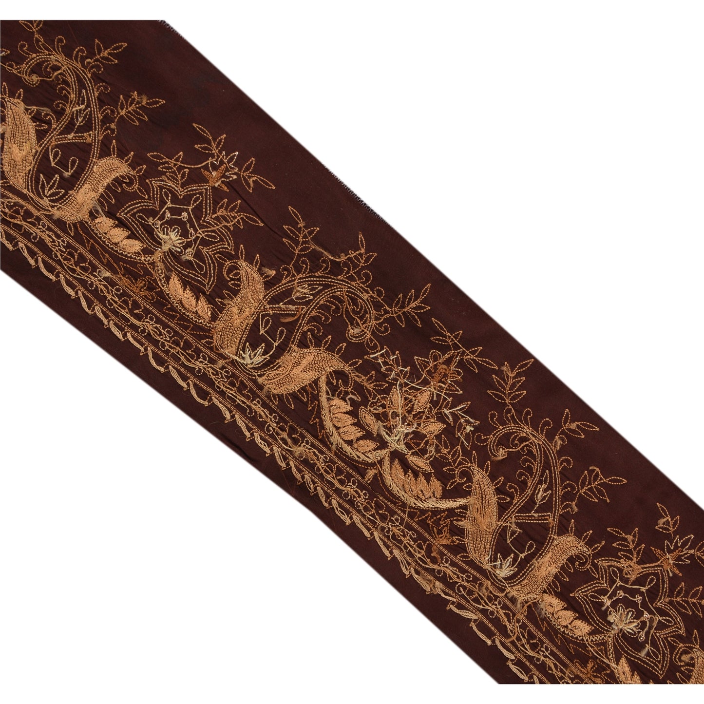 Sanskriti Vintage Sari Border Hand Embroidered 1 Yd Trim Sewing Brown Craft Lace