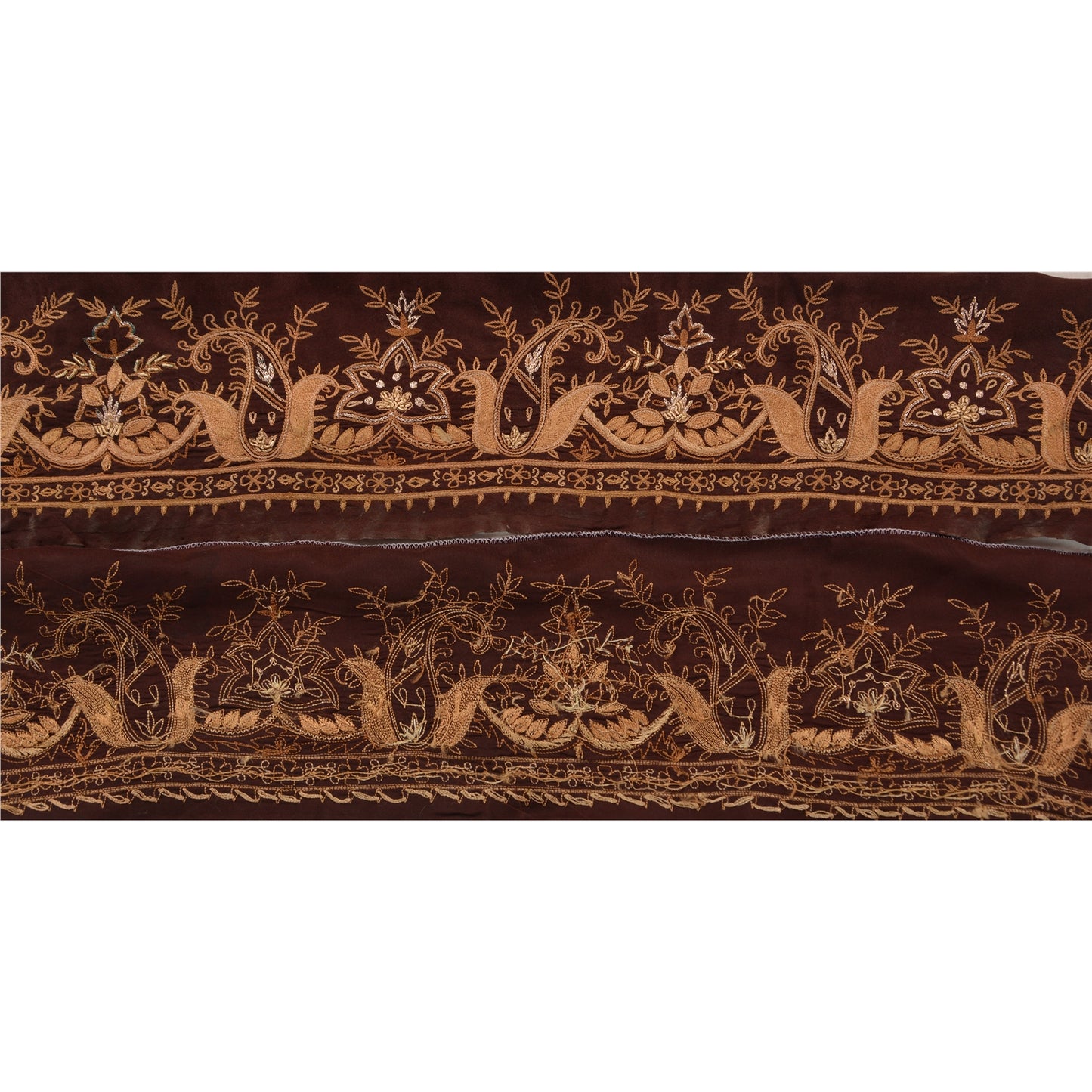 Sanskriti Vintage Sari Border Hand Embroidered 1 Yd Trim Sewing Brown Craft Lace