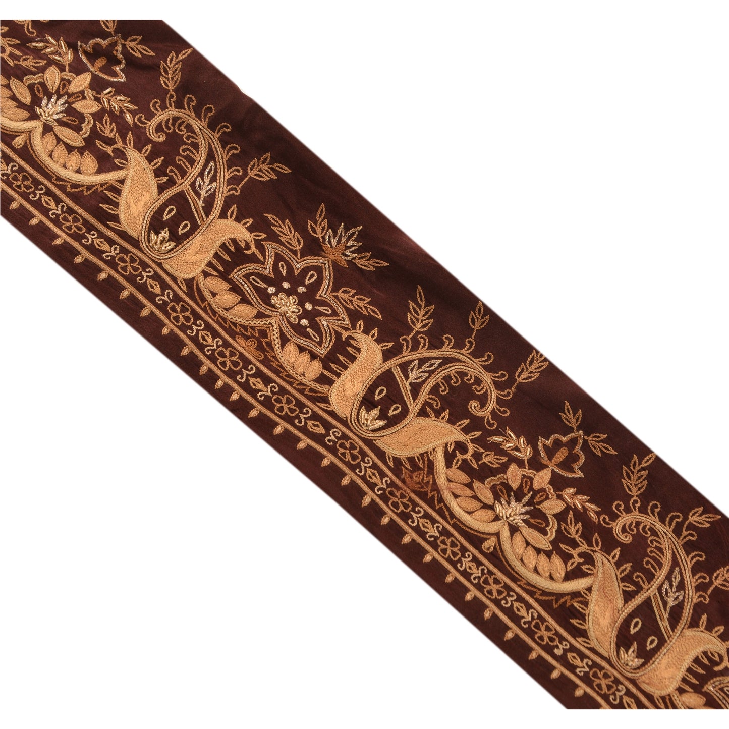 Sanskriti Vintage Sari Border Hand Embroidered 1 Yd Trim Sewing Brown Craft Lace