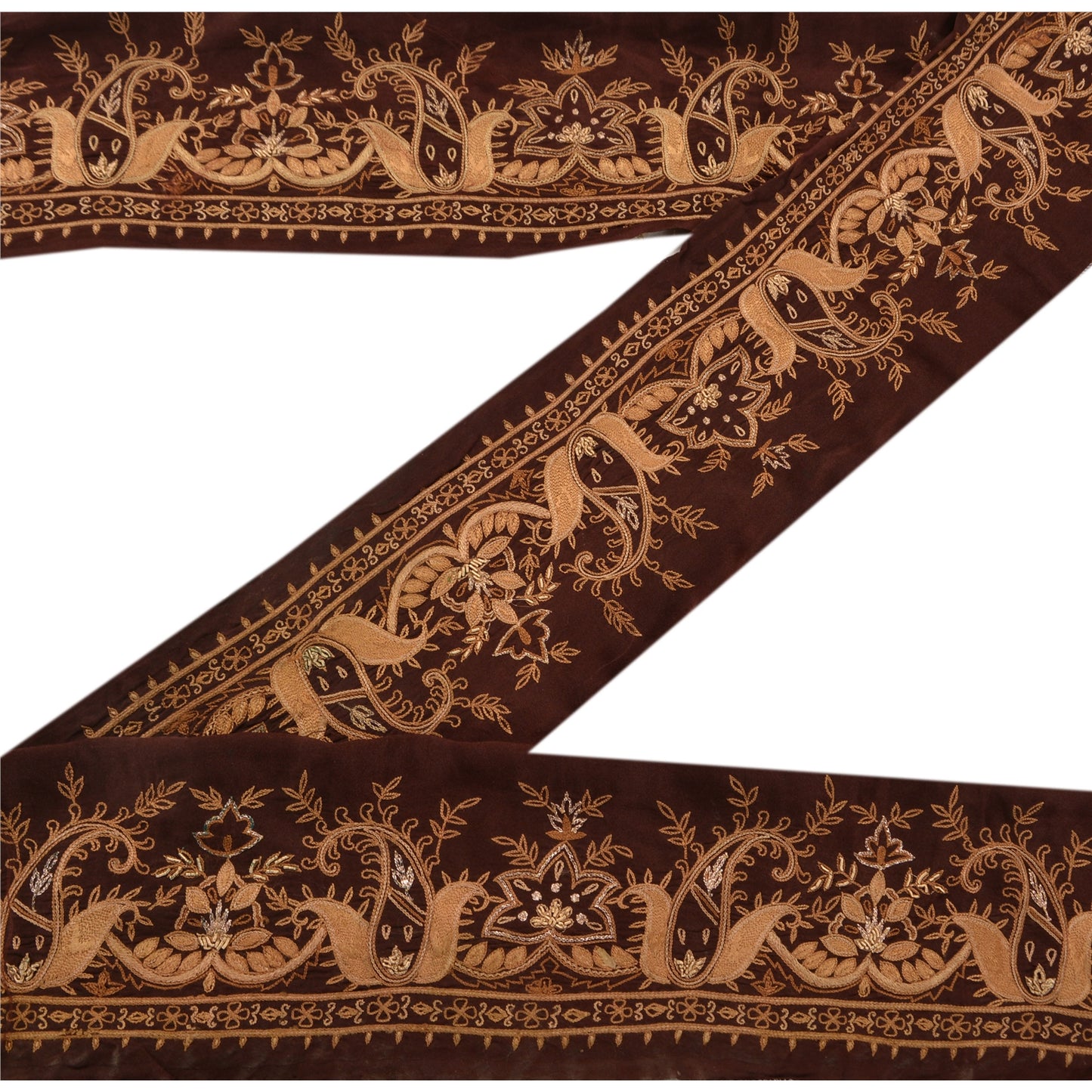 Sanskriti Vintage Sari Border Hand Embroidered 1 Yd Trim Sewing Brown Craft Lace