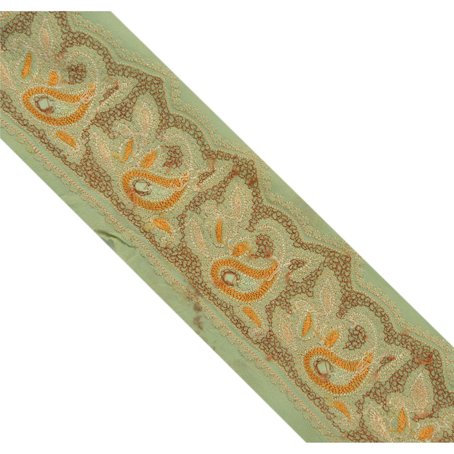 Sanskriti Vintage Sari Border Hand Embroidered 1 Yd Trim Sewing Green Craft Lace