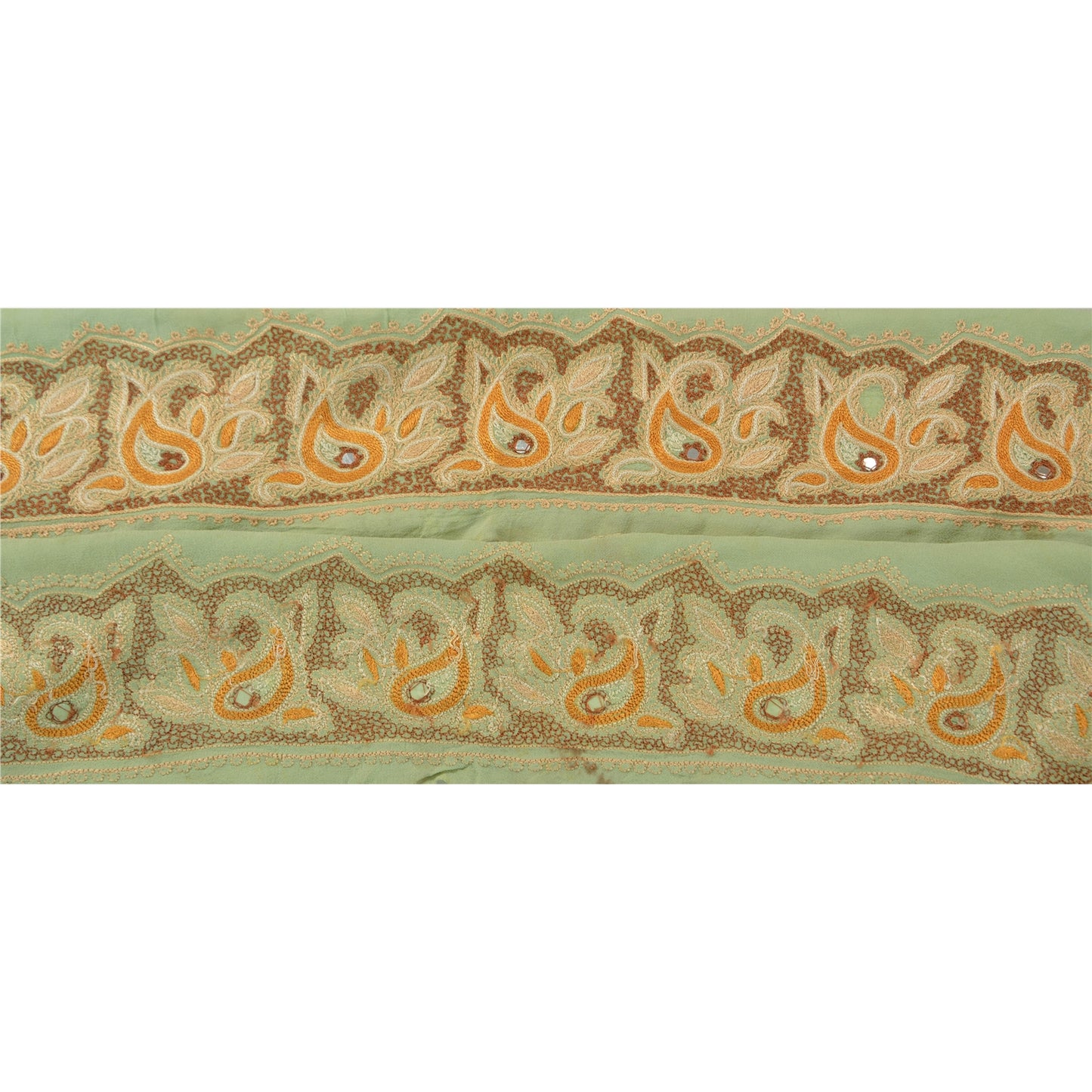 Sanskriti Vintage Sari Border Hand Embroidered 1 Yd Trim Sewing Green Craft Lace