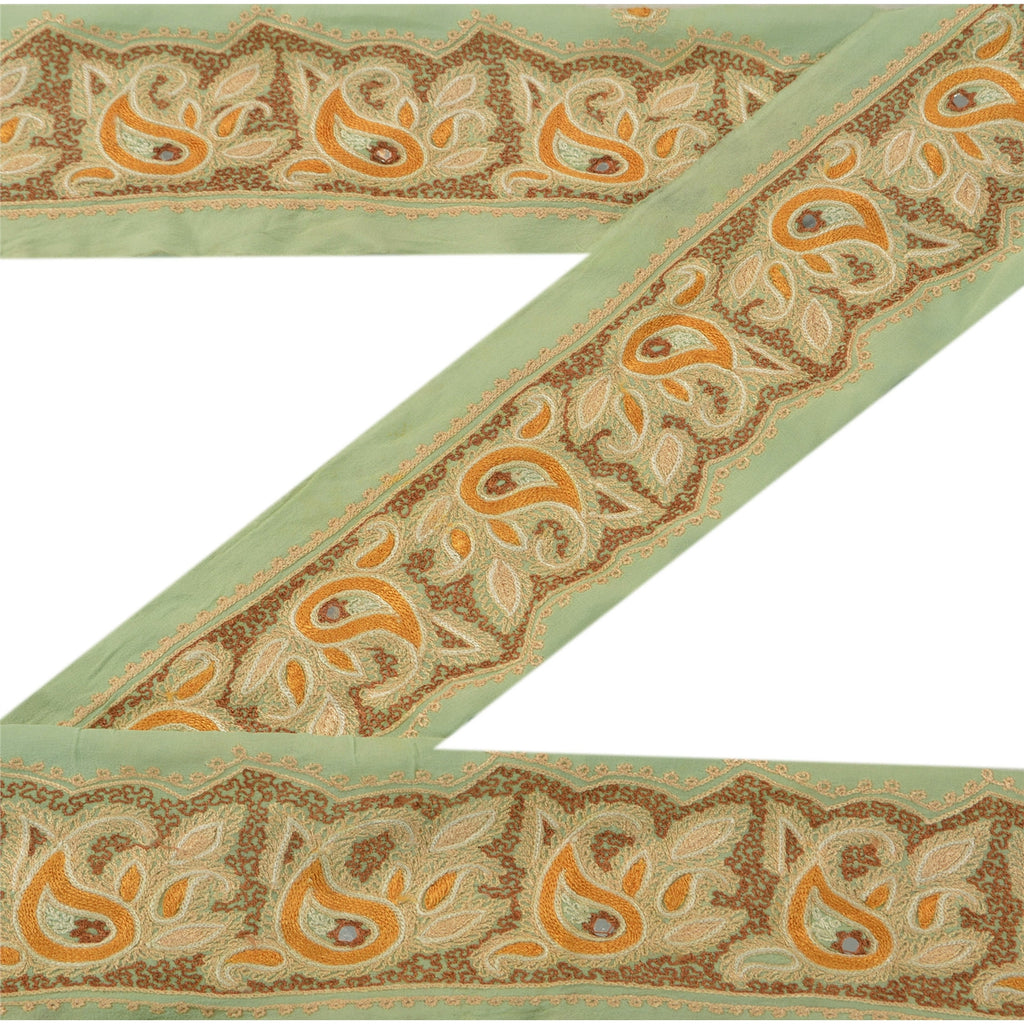 Sanskriti Vintage Sari Border Hand Embroidered 1 Yd Trim Sewing Green Craft Lace