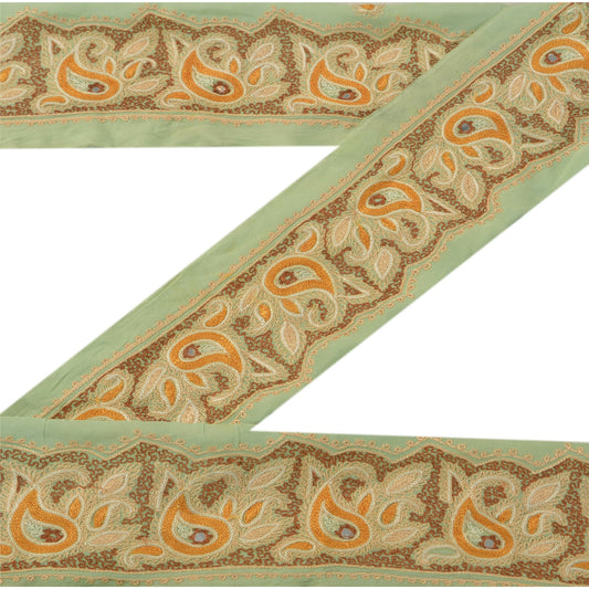 Sanskriti Vintage Sari Border Hand Embroidered 1 Yd Trim Sewing Green Craft Lace