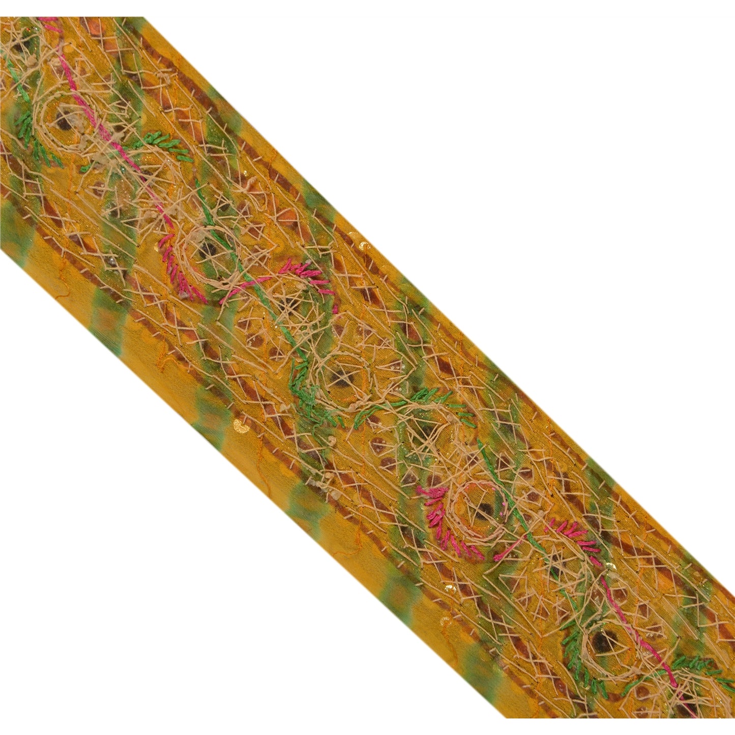 Sanskriti Vintage Sari Border Hand Beaded Leheria 1 Yd Trim Sewing Yellow Lace