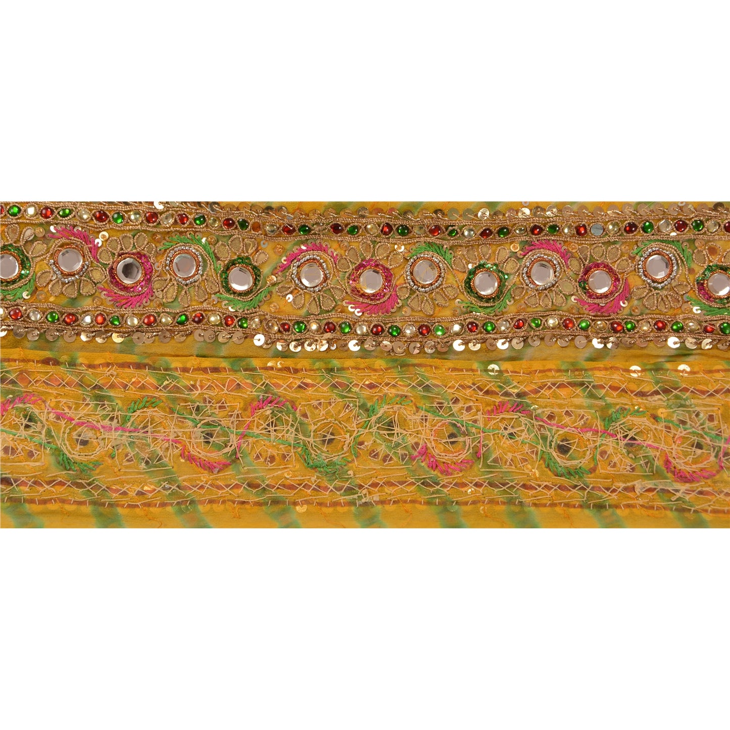 Sanskriti Vintage Sari Border Hand Beaded Leheria 1 Yd Trim Sewing Yellow Lace