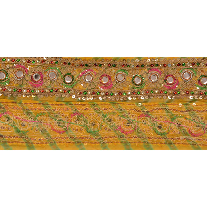 Sanskriti Vintage Sari Border Hand Beaded Leheria 1 Yd Trim Sewing Yellow Lace