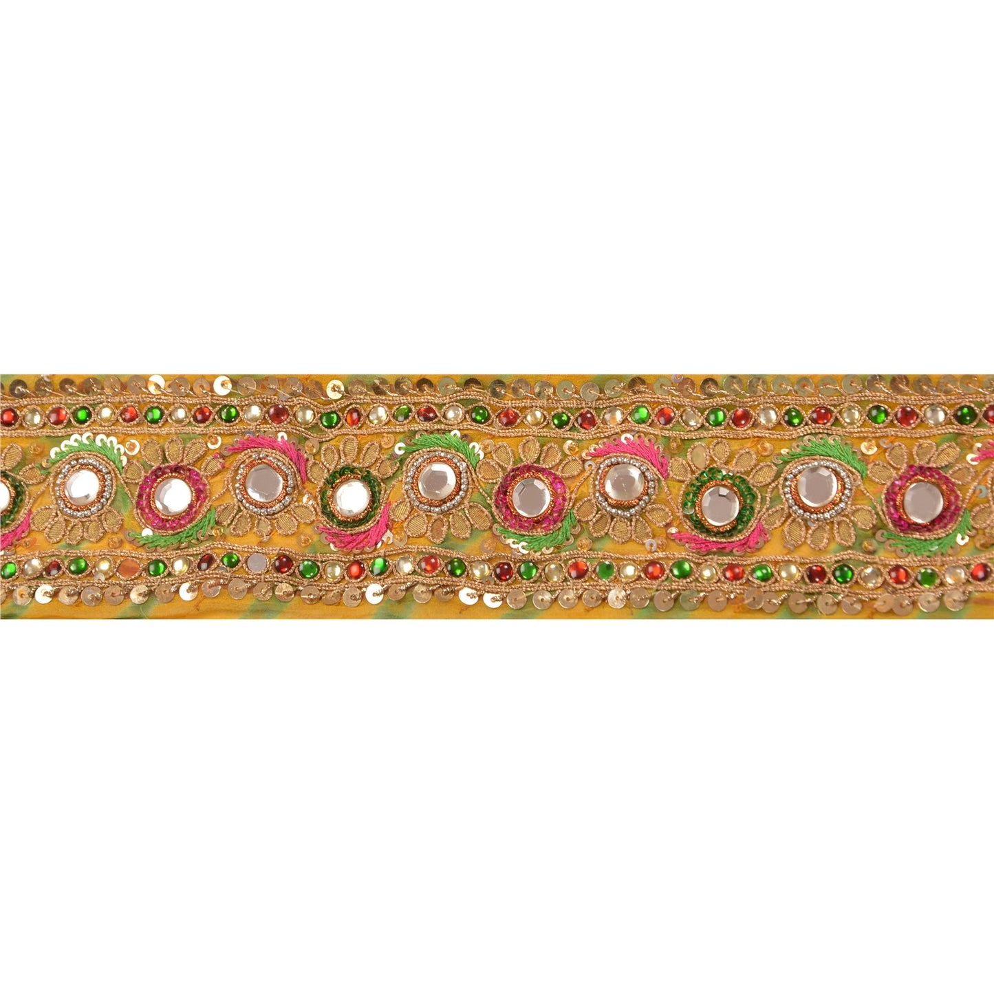 Sanskriti Vintage Sari Border Hand Beaded Leheria 1 Yd Trim Sewing Yellow Lace