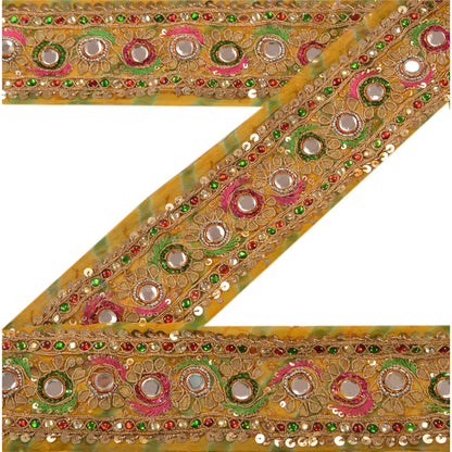 Sanskriti Vintage Sari Border Hand Beaded Leheria 1 Yd Trim Sewing Yellow Lace