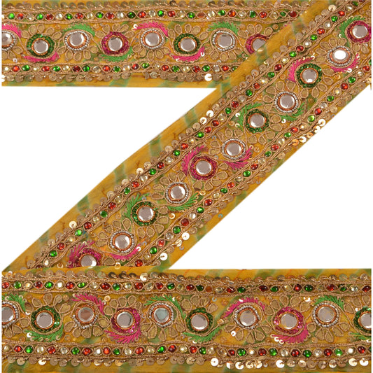 Sanskriti Vintage Sari Border Hand Beaded Leheria 1 Yd Trim Sewing Yellow Lace