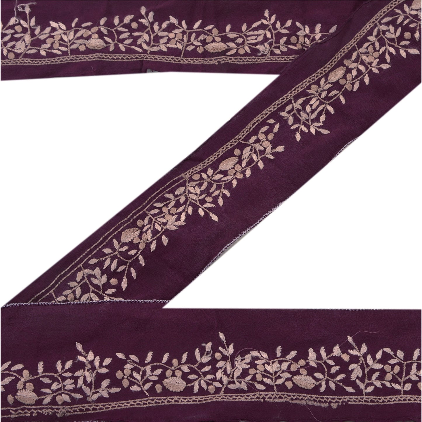 Sanskriti Vintage Sari Border Hand Embroidered 1Yd Craft Trim Ribbon Purple Lace