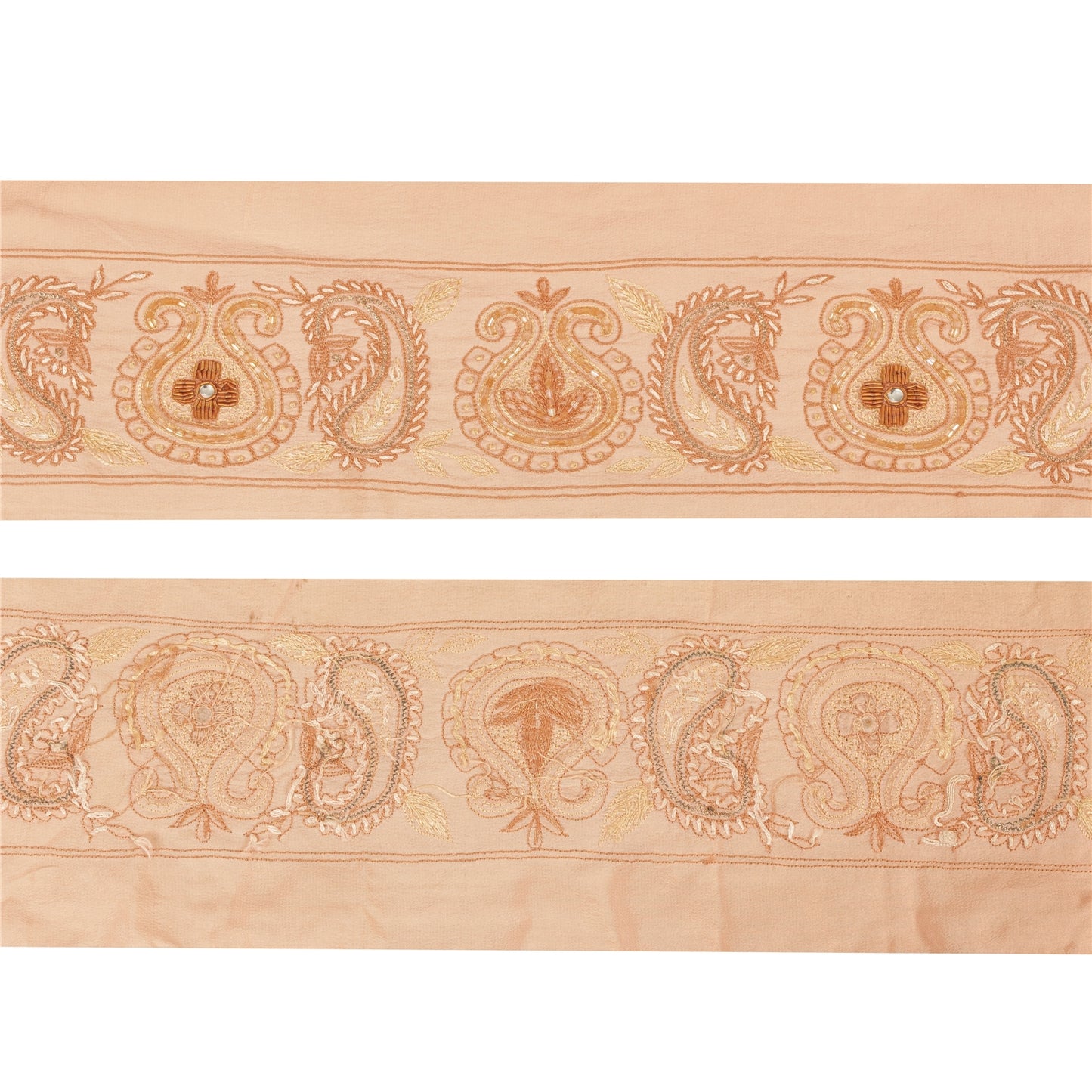 Sanskriti Vintage Sari Border Hand Beaded Zari 1YD Indian Trim Sewing Peach Lace